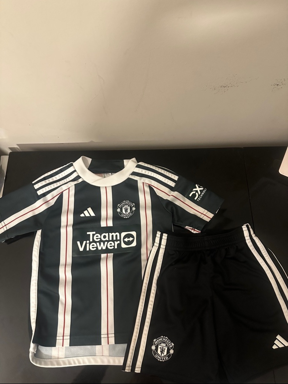 adidas Black, White and Red Manchester United Kids Soccer Jersey & Shorts